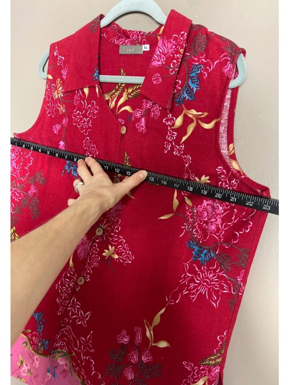 Red Floral Linen Blouse Vibrant Ivy Brand Button Tunic Sleeveless Comfort Wom XL - Picture 5 of 7